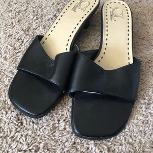 CL by Laundry Black Leather Slide Mules with Square Toe Strap